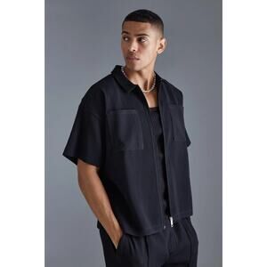 Boohoo Man Pleated Boxy Zip Through Collared Short Sleeve Shirt Size Small
